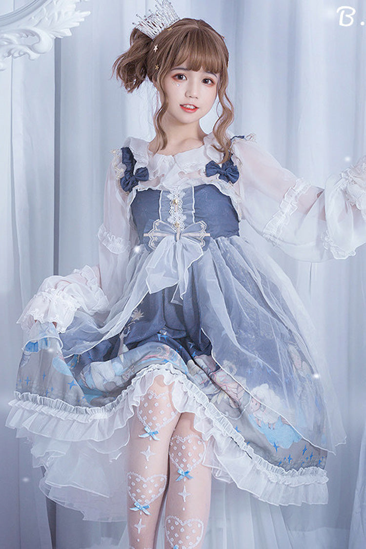 Blue Lace Chiffon Little Prince Printed Sweet Lolita Jsk Dress - Product - 3