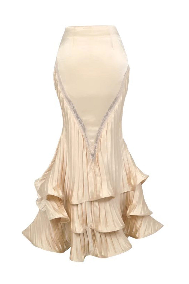 Golden [Cupid’s Poetry Box] Halterneck Ruffled Embroidered Bow Lace Slim Fishbone Gothic Lolita Top and Skirt Dress Set - Skirt - 10