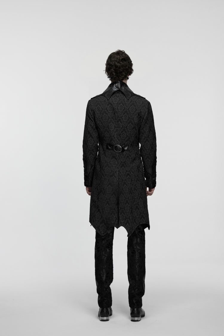 Black Lapel Collar Long Sleeves Jacquard Spliced Lace-Up Slim Buckled Men's Gothic Coat - Product - 2