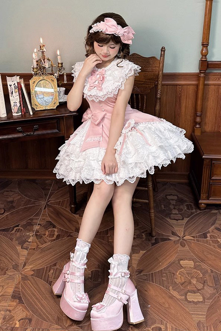 Pink [Miss Tsundere] Sleeveless Multi-Layered Ruffle Bowknot Lace Asymmetric Sweet Princess Lolita Dress - Product - 9