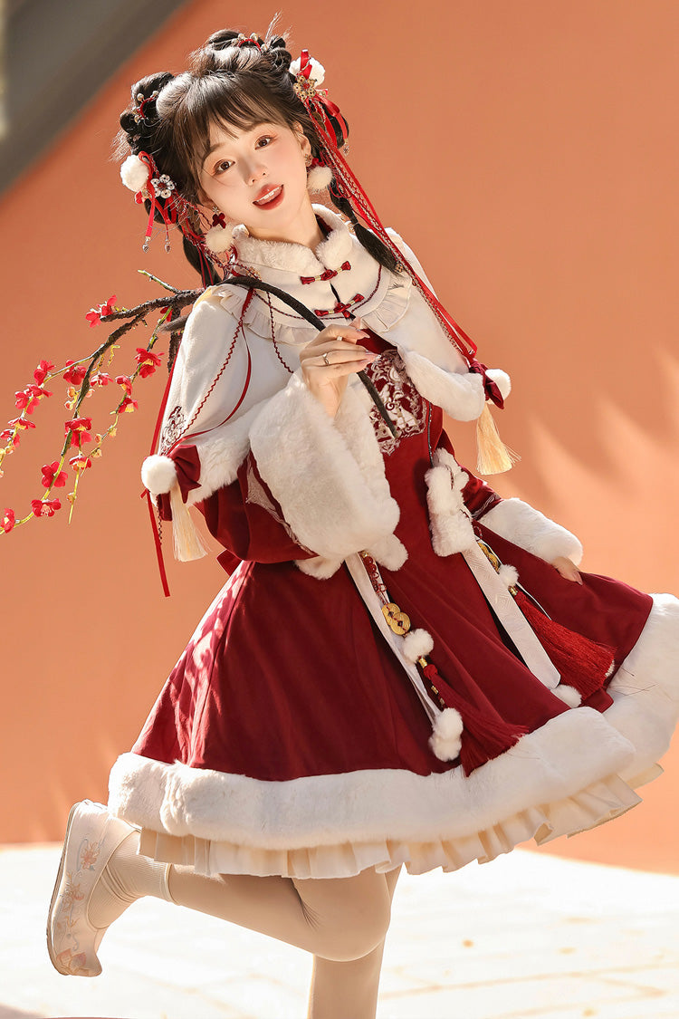 Red Long Sleeves Ruffle Embroidery Bowknot Chinese Style Sweet Lolita Hanfu Dress - Product - 6