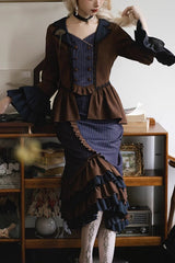 Blue/Brown Time Traveler Long Sleeves Multi-layer Print Ruffle Punk Lolita Mermaid Skirt Set - Blue/Brown - 1