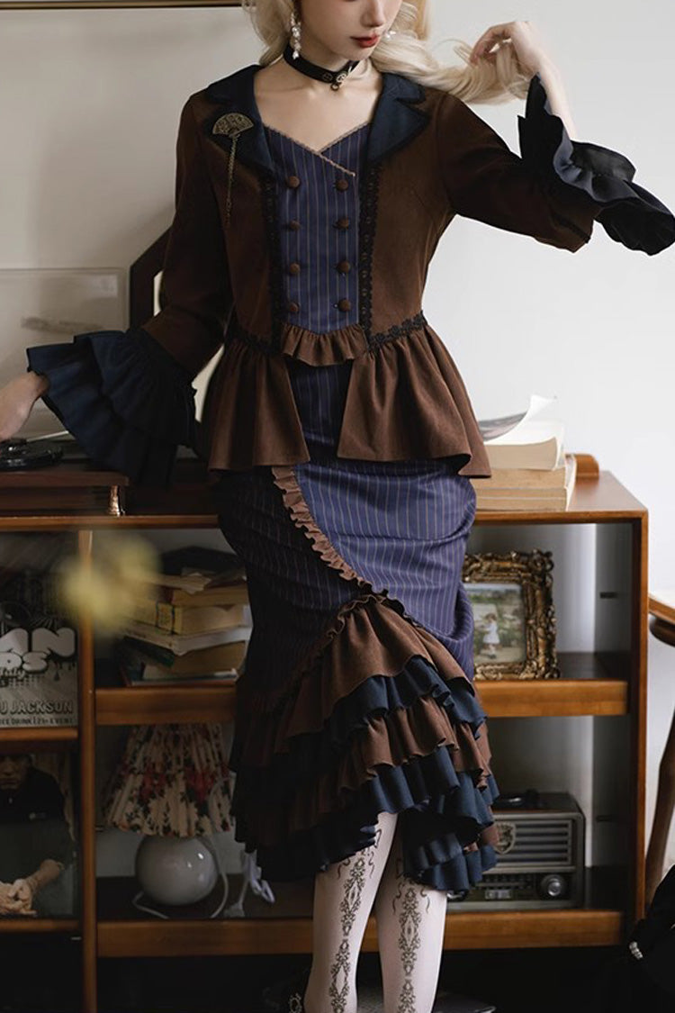 Blue/Brown Time Traveler Long Sleeves Multi-layer Print Ruffle Punk Lolita Mermaid Skirt Set - Blue/Brown - 1