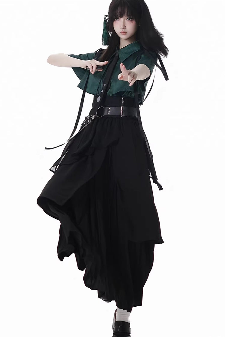 Green/Black [Moonlight Flowing] Long/Short Sleeves Ruffled Asymmetric Gothic Jirai Kei Skirt Set - Black/Green Long Skirt Set (Short-Sleeved) - 4