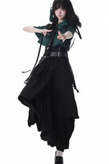 Green/Black [Moonlight Flowing] Long/Short Sleeves Ruffled Asymmetric Gothic Jirai Kei Skirt Set - Black/Green Long Skirt Set (Short-Sleeved) - 4