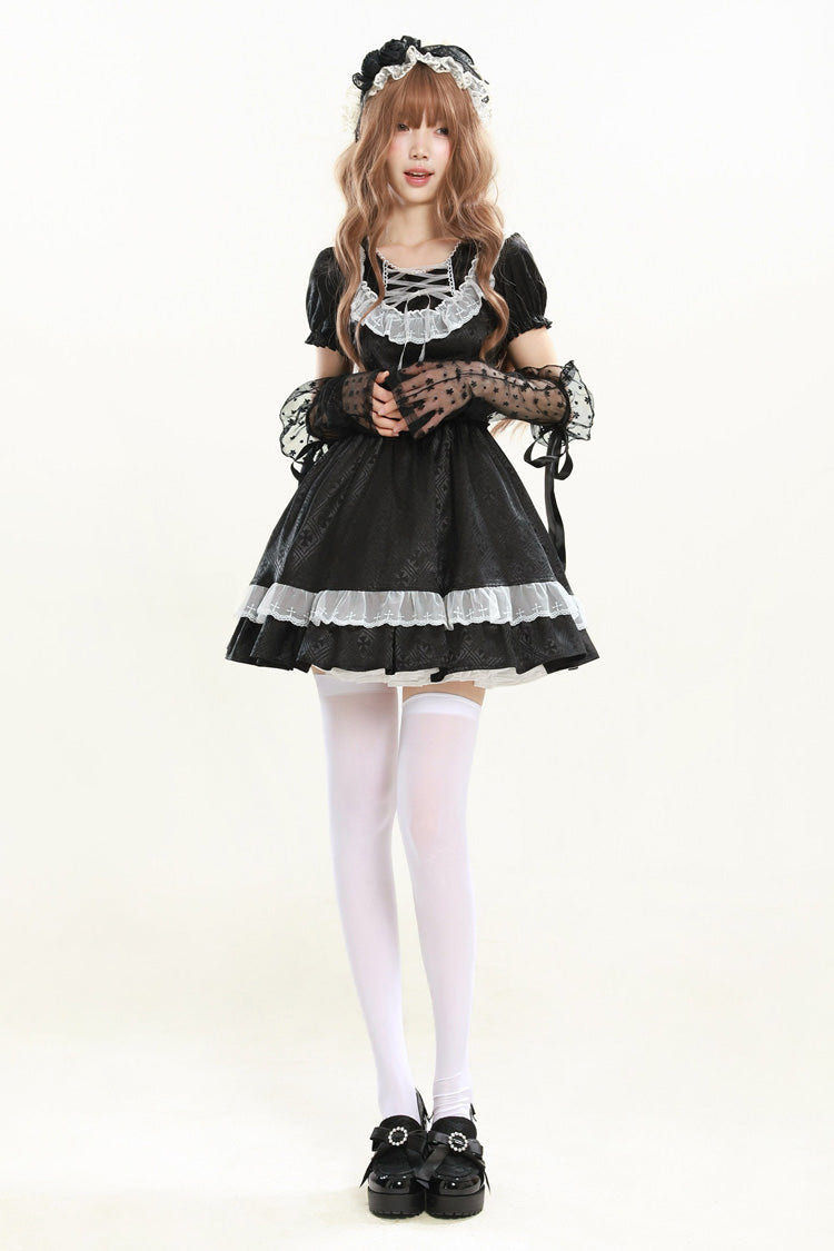 Black [Night Alley Angel] Lapel Collar Short Sleeves Jacquard Ruffled Lace Gothic Lolita Dress - Product - 2