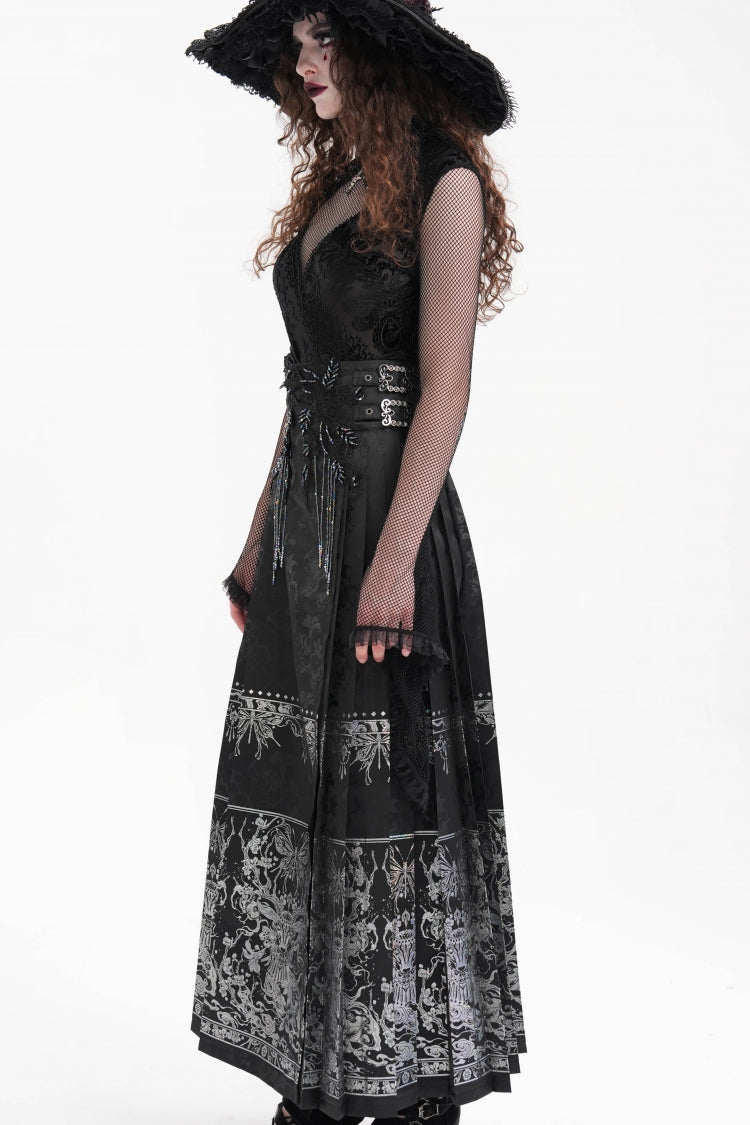Black Print Embroidery Women's Gothic Crochet Tassels Bucket-up Long Skirt - Product - 5
