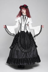 White Stand Collar Long Puff Sleeves Floral Jacquard Lace-Up Women's Gothic Blouse - Product - 9