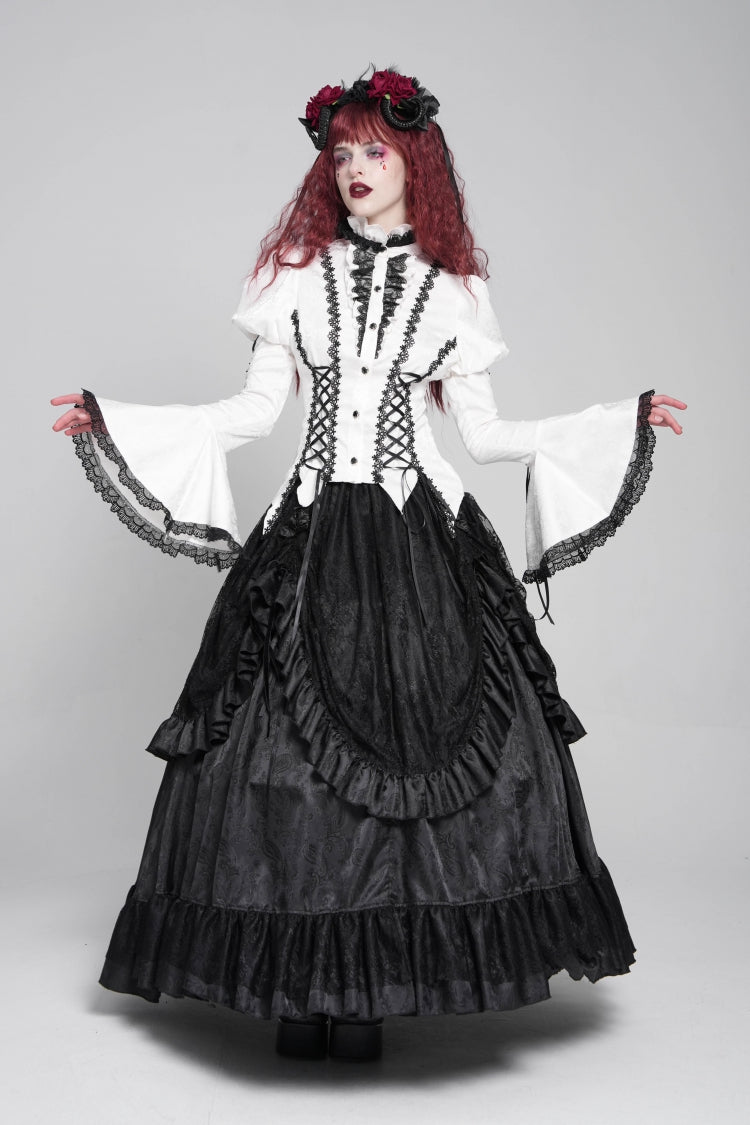 White Stand Collar Long Puff Sleeves Floral Jacquard Lace-Up Women's Gothic Blouse - Product - 9