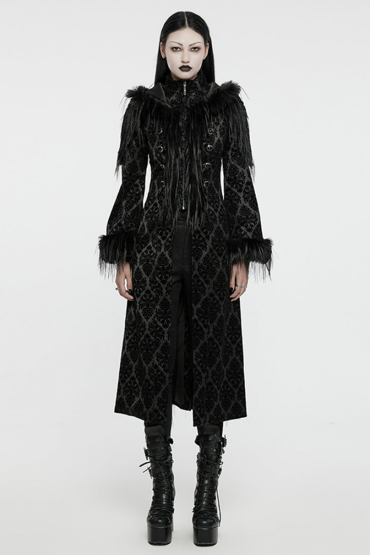 Black Stand Collar Long Sleeves Jacquard Print Stitching Hooded Women's Gothic Coat - Black - 1