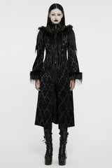 Black Stand Collar Long Sleeves Jacquard Print Stitching Hooded Women's Gothic Coat - Black - 1