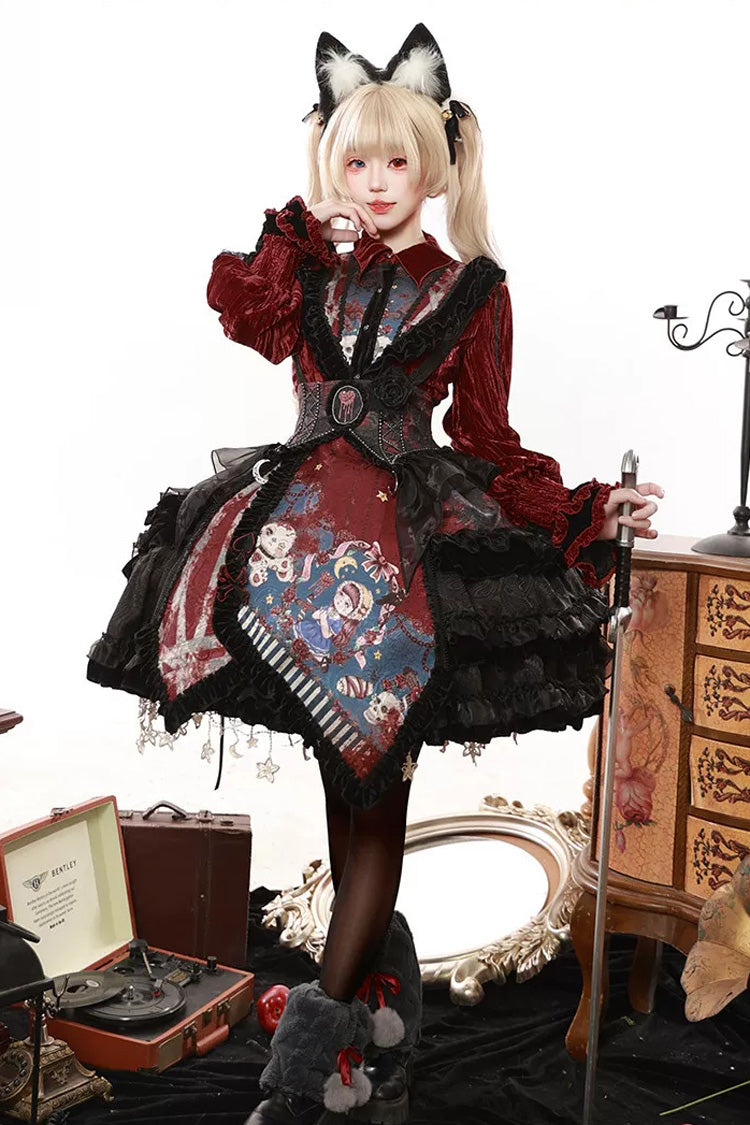 [Werewolf] Fairy Tale Lapel Collar Long Sleeves Printed Ruffled Open-Front Lace Heavy-Detailed Gothic Lolita Skirt Set (Red, Grey, Purple) - Product - 32