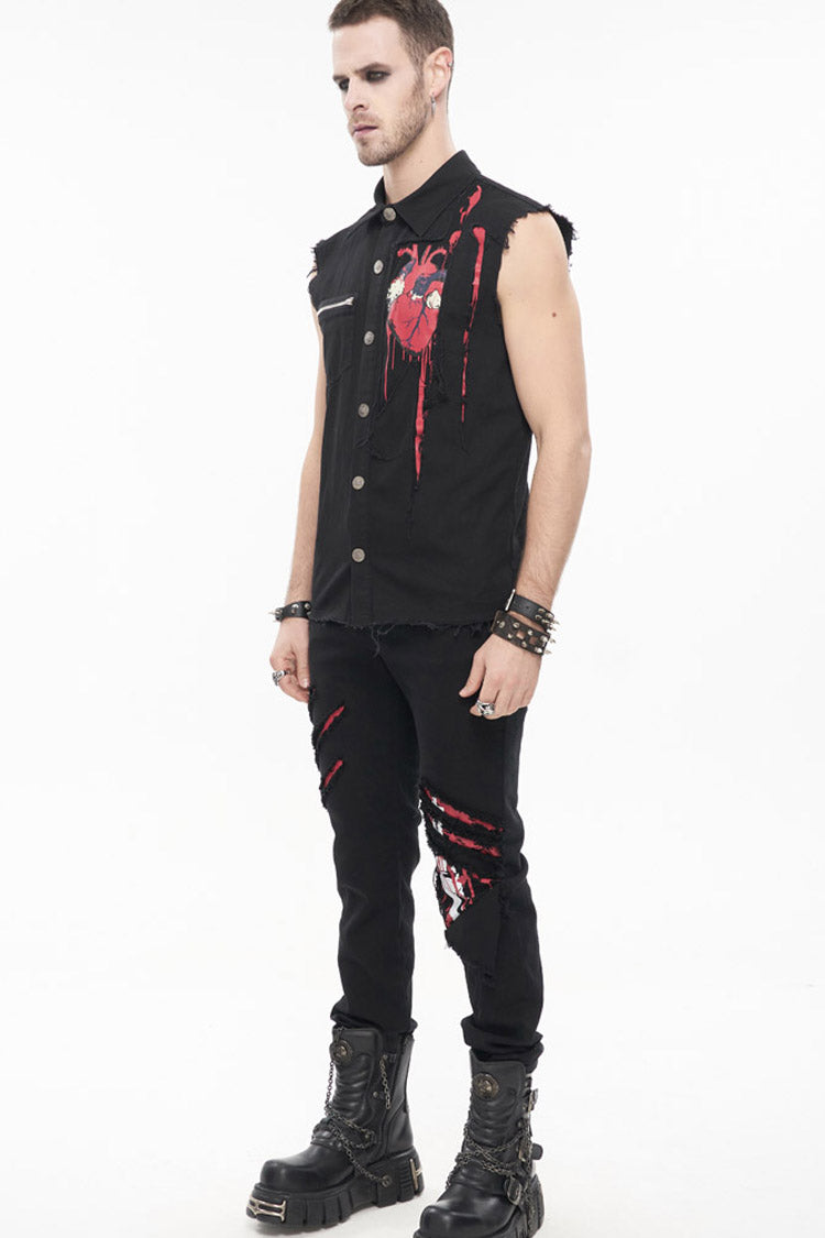 Black Punk Simple Everyday Stand Collar Print Sleeveless Men's Shirt - Product - 5