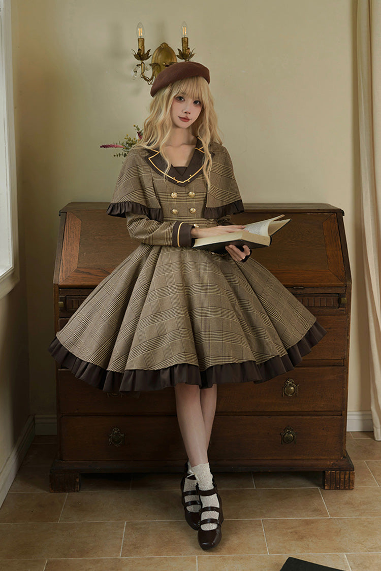 Brown [Baker Street Stories] Stripe Print Ruffle Fake Two Pieces British College Style Classic Lolita Dress - Product - 3