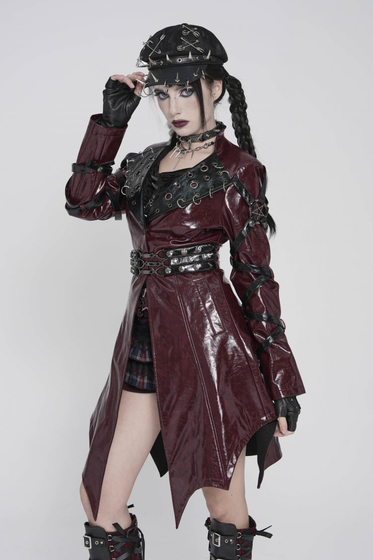 Red Lapel Collar Long Sleeves Lace-Up Irregular Eyelets & Rings Women's Punk Coat - Product - 12