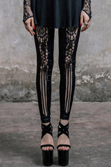 Black Front Splice Mesh Lace Up Gothic Knit Womens Pants - Black - 1