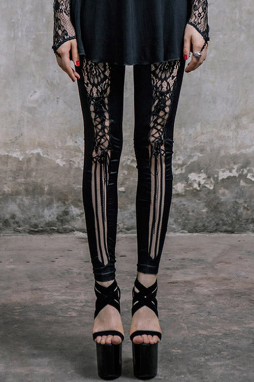 Black Front Splice Mesh Lace Up Gothic Knit Womens Pants - Black - 1
