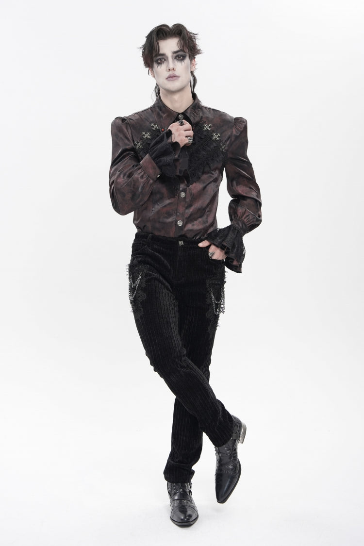 Red  Cross Spider Turn-down Collar Long Trumpet Sleeves Printed Lace Men's Gothic Shirt - Product - 7