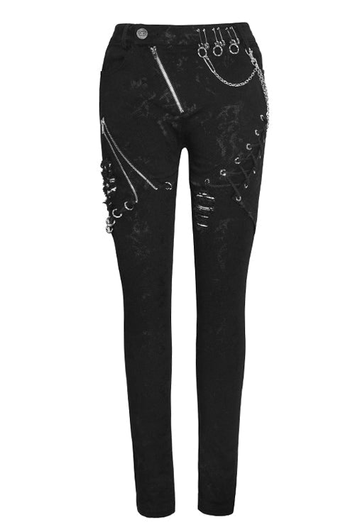 Black Punk Stretch Fitted Womens Pants With Zippper - Product - 4