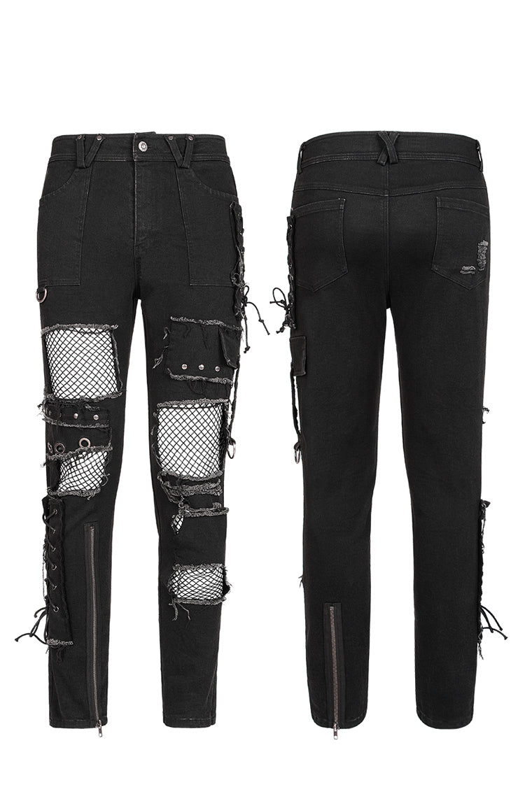 Black Hollow Lace-Up Ripped Men's Punk Pants - Product - 5