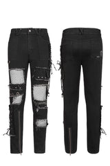 Black Hollow Lace-Up Ripped Men's Punk Pants - Product - 5