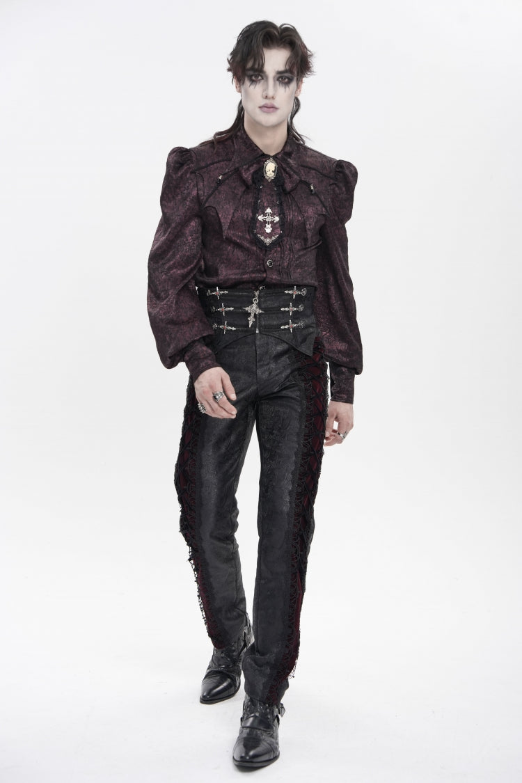 Red Lapel Collar Long Lantern Sleeves Jacquard Bow Men's Gothic Shirt - Product - 11