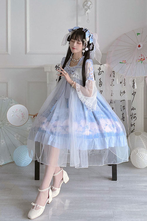 Blue Marine Jellyfish Print Bowknot Long Sleeves Ruffled Chinese Style Sweet Lolita Dress - Product - 6
