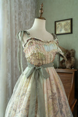 Green [Oil Painting – Spring] Sleeveless Print Ruffle Bowknot Lace Sweet Lolita Jsk Dress - Product - 15