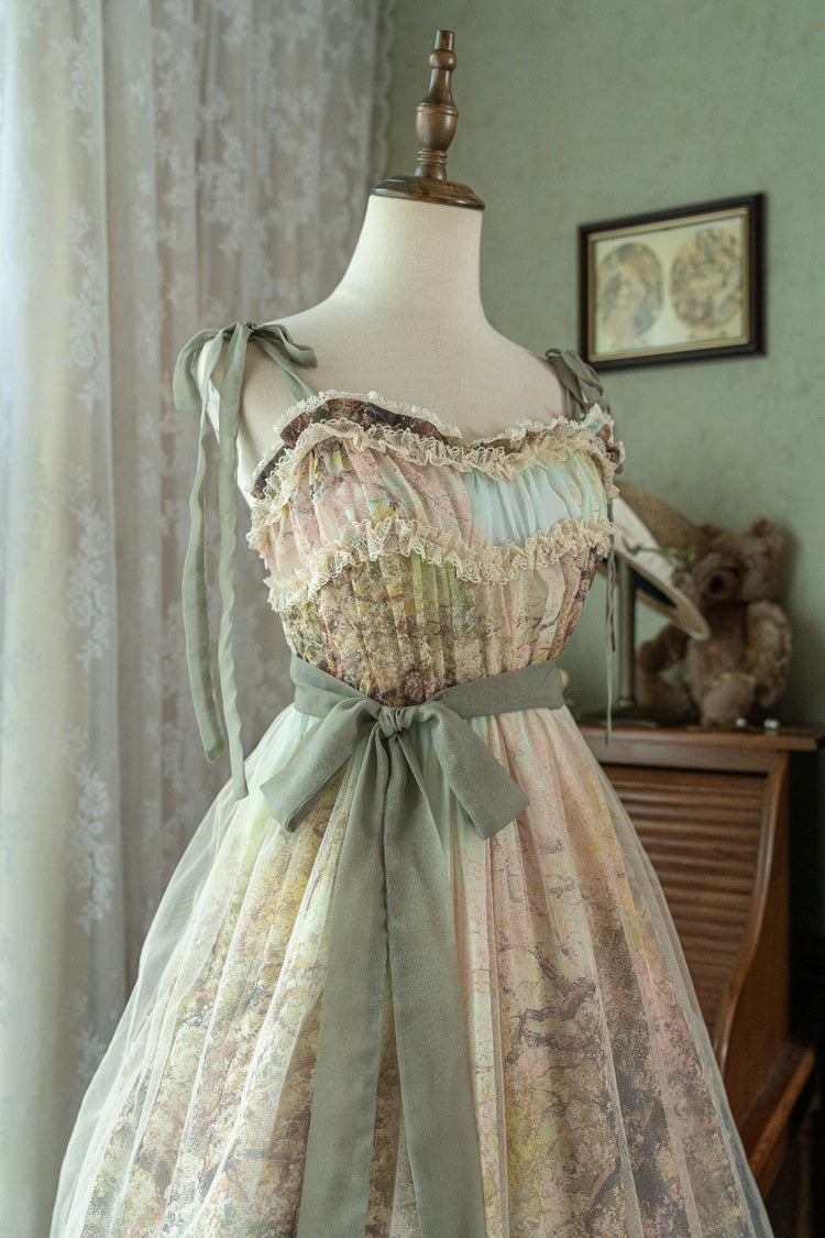Green [Oil Painting – Spring] Sleeveless Print Ruffle Bowknot Lace Sweet Lolita Jsk Dress - Product - 15
