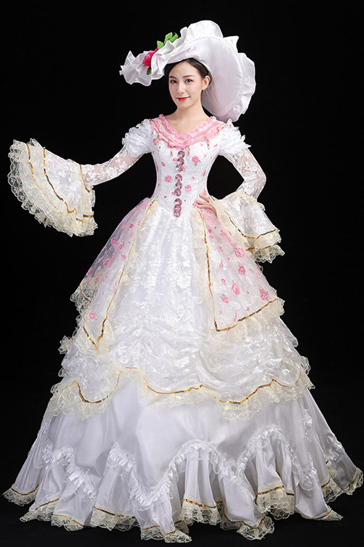 White Hime Sleeves High Waisted Lace Stitching Flower Print Victorian Lolita Prom Tiered Dress - Product - 3