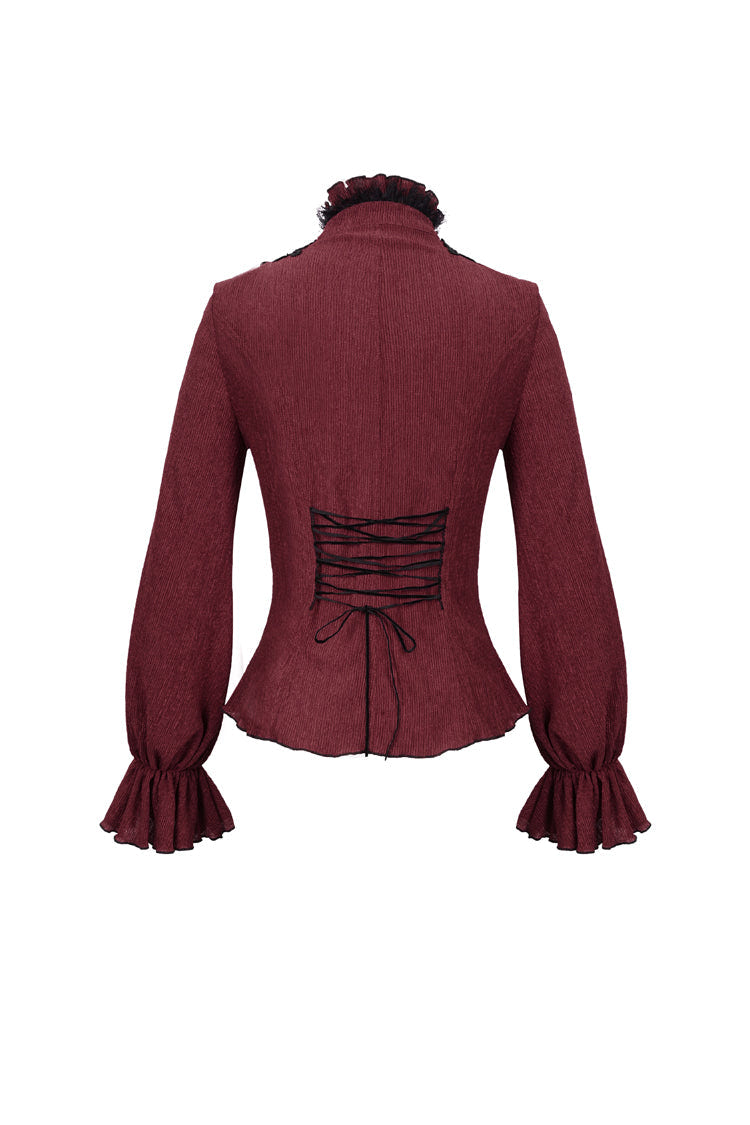 Red Lace High Neck Three Dimensional Embroidered Lantern Trumpet Sleeves Women's Gothic Shirt - Product - 9