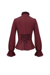Red Lace High Neck Three Dimensional Embroidered Lantern Trumpet Sleeves Women's Gothic Shirt - Product - 9