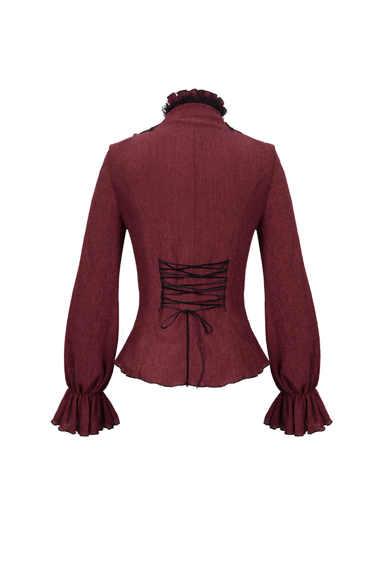 Red Lace High Neck Three Dimensional Embroidered Lantern Trumpet Sleeves Women's Gothic Shirt - Product - 9