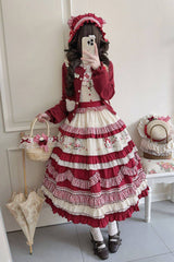 Red [Strawberry Basket] Square Collar Multi-Layered Printed Ruffled Embroidered Bow Sweet Lolita Jsk Dress - Product - 2