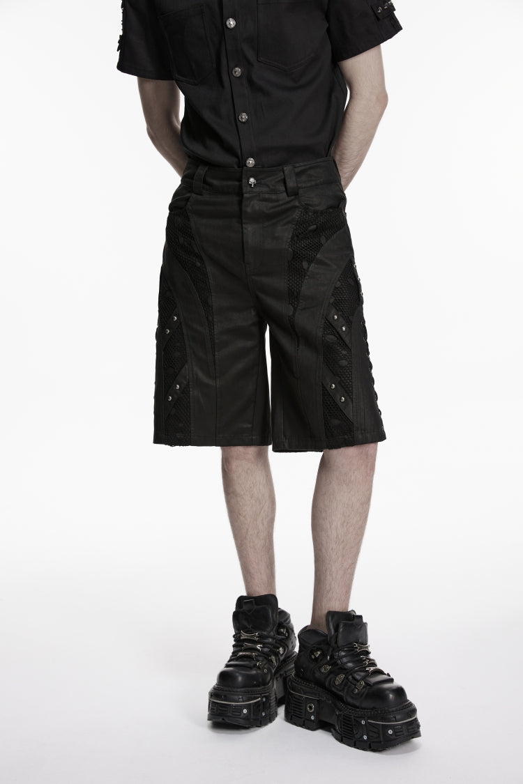 Black Lace-Up Studded Eyelet Men's Punk Cool Shorts - Product - 2