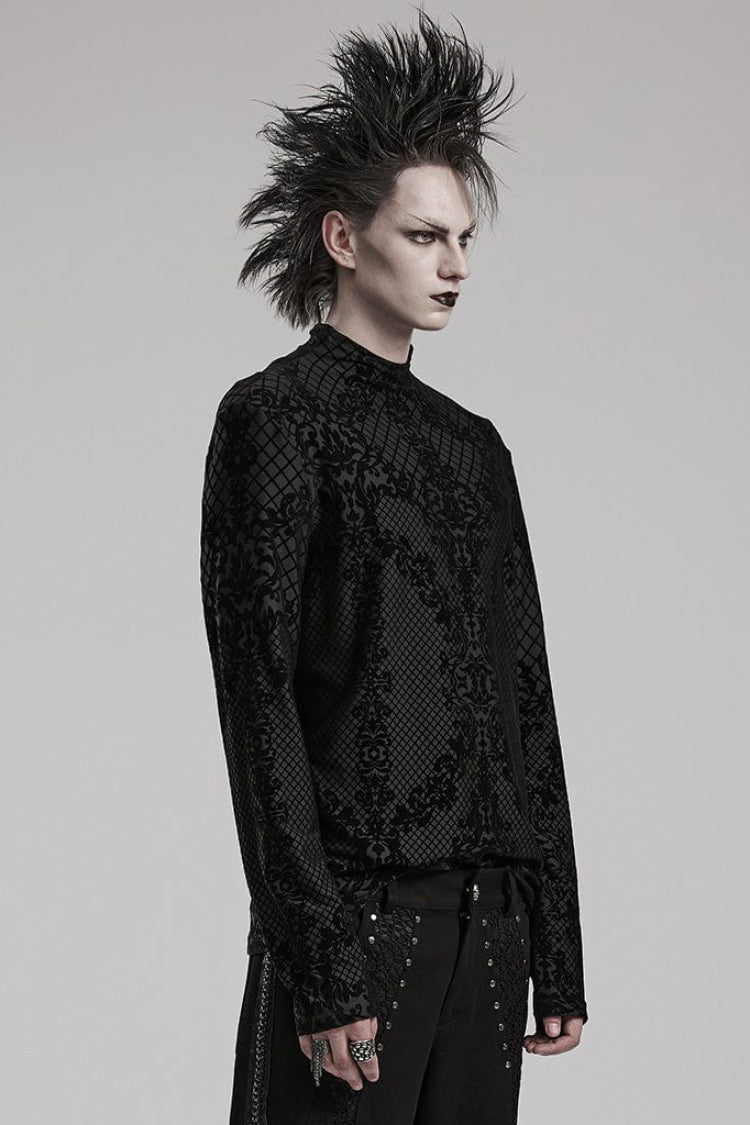 Black High Collar Long Sleeves Flocking Print Mens Gothic T-Shirt - Product - 2