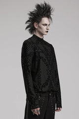 Black High Collar Long Sleeves Flocking Print Mens Gothic T-Shirt - Product - 2