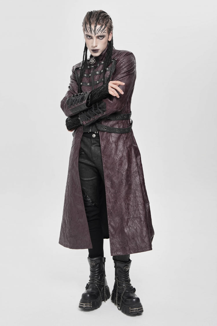 Red Stand Collar Zipper Straps Eyelet Men's Punk Coat - Product - 6