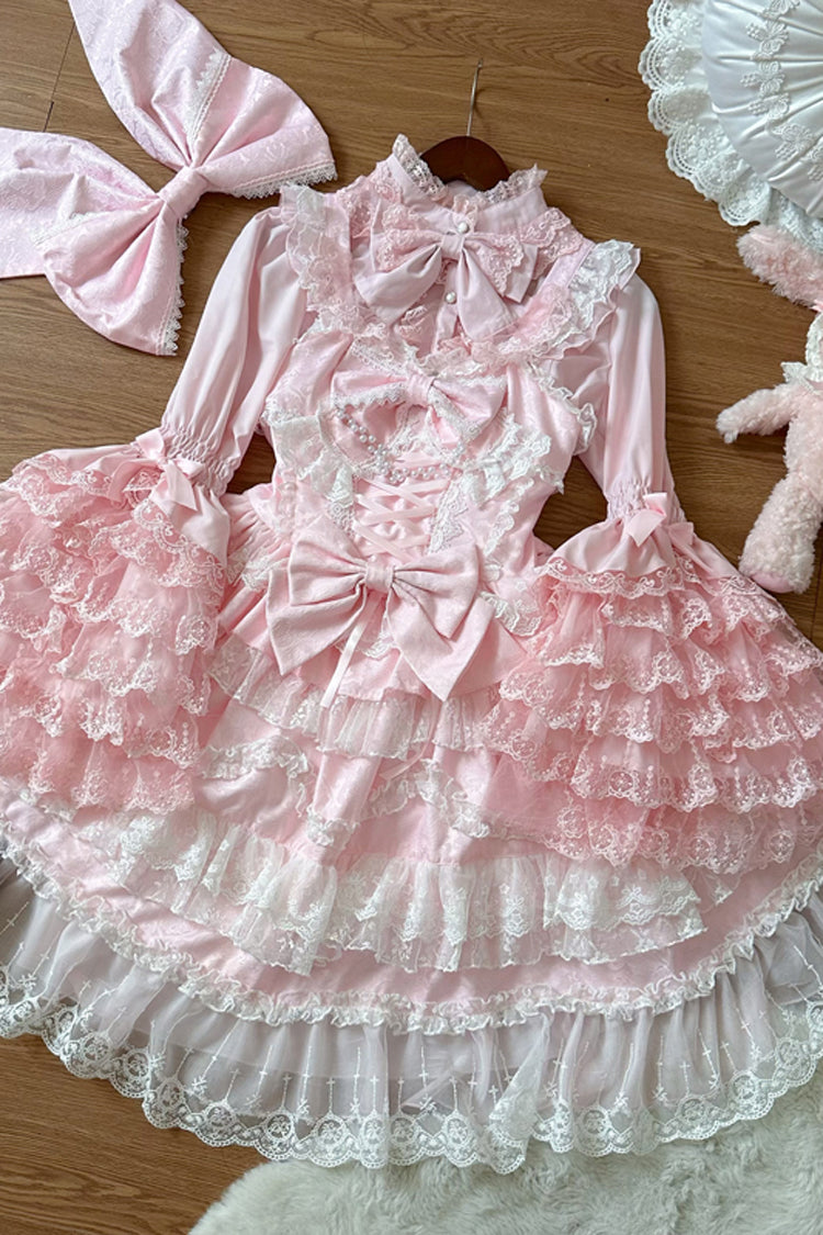 Pink [Love and Heart Flutter] Sleeveless Multi-Layered Ruffle Bowknot Lace Pearl Sweet Lolita Jsk Dress - Product - 6