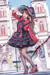 Black/Red [Showa Cake] Sleeveless Triple-Layered Ruffled Bow Lace-Up Witch Gothic Lolita Jsk Dress - Product - 8