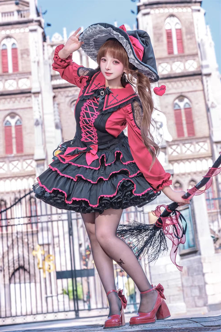 Black/Red [Showa Cake] Sleeveless Triple-Layered Ruffled Bow Lace-Up Witch Gothic Lolita Jsk Dress - Product - 8