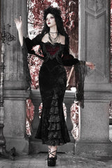 Black [Castle of Dark Romance] Square Collar Short Sleeves Multi-Layered Ruffled Embroidered Open-Front Lace Gothic Lolita Mermaid Dress - Black - 1