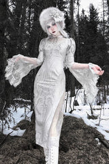 Silver [The Call of the Snow Country] V Collar Long Sleeves High Waisted Ruffle Lace Gothic Lolita Fishtail Dress - Silver - 1