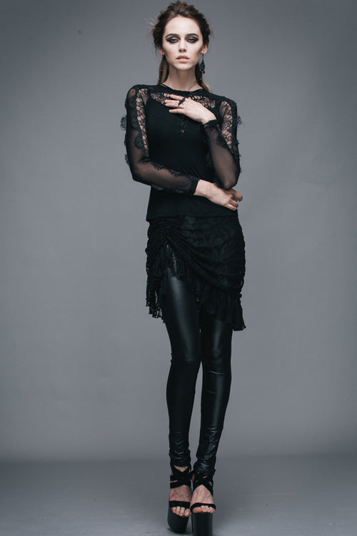Black Sexy Lace Pattern Long Sleeves Gothic Womens T-Shirt - Product - 9