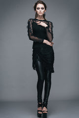 Black Sexy Lace Pattern Long Sleeves Gothic Womens T-Shirt - Product - 9
