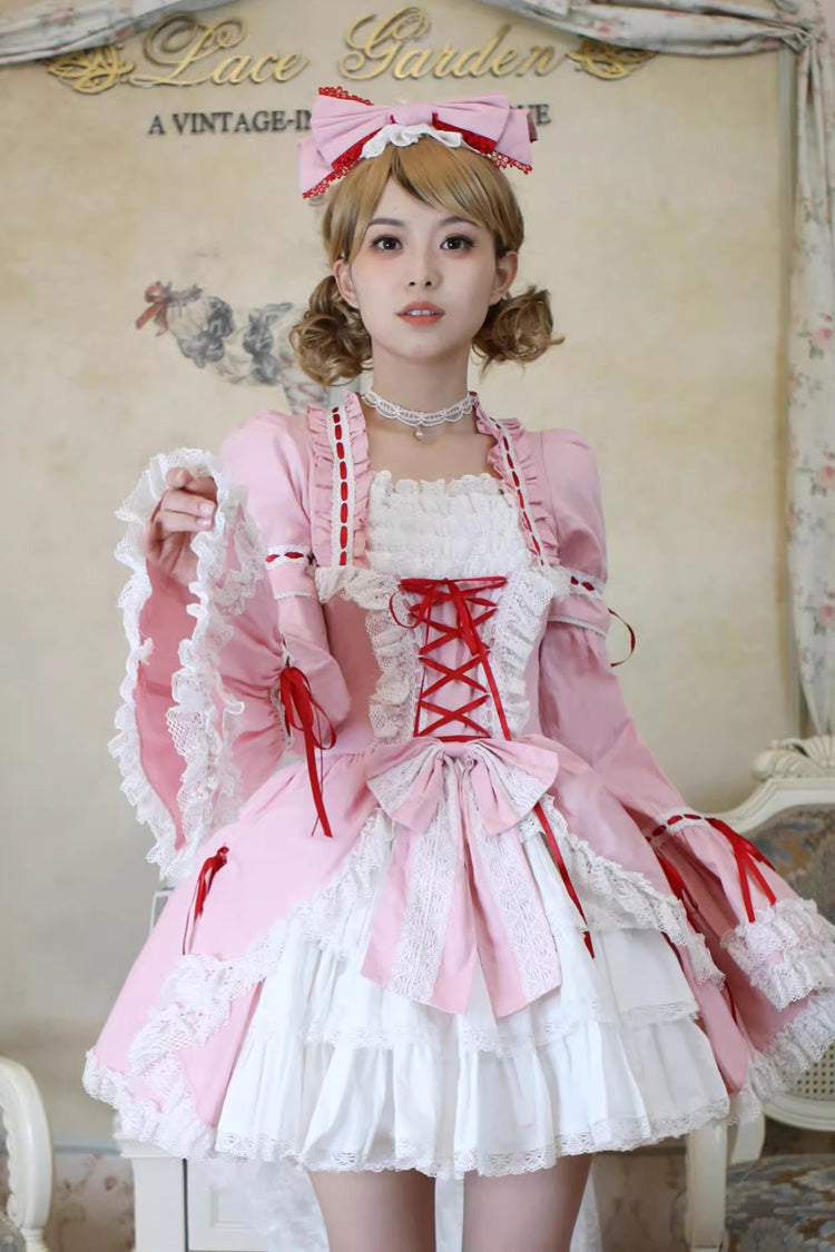 [Miss Rella] Short Sleeves Multi-Layered Ruffle Cardigan Bowknot Lace-Up Sweet Lolita Dress 9 Colors - Product - 7