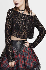 Black Long Sleeve Hollow Out Irregular Collar Coarse Wax Rope Straps Women's Punk Shirt - Product - 2