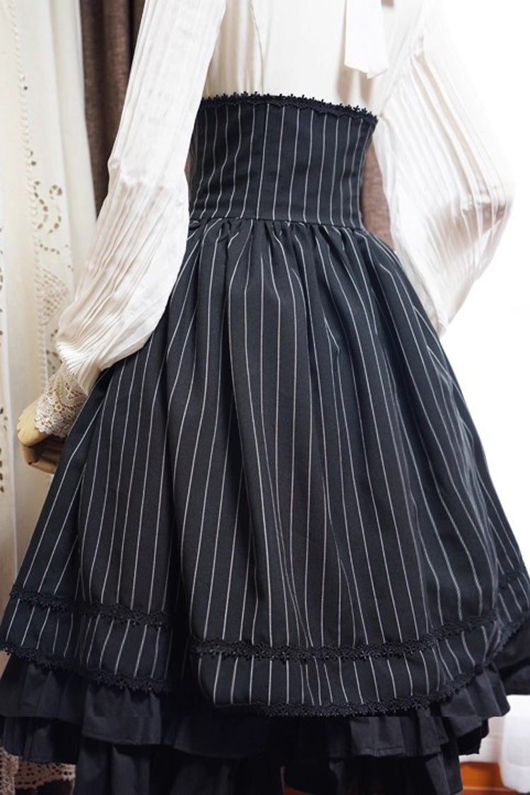 Black Multi-Layered Stripe Print Ruffle Lace-Up Classic College Style Elegant Lolita Skirt - Product - 8