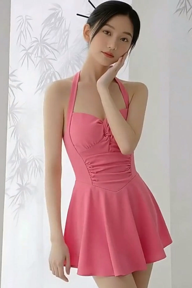 Watermelon Red Square Collar Halterneck Sleeveless Ruffled Lace-Up Sweet Lolita One-Piece Swimsuit - Product - 2