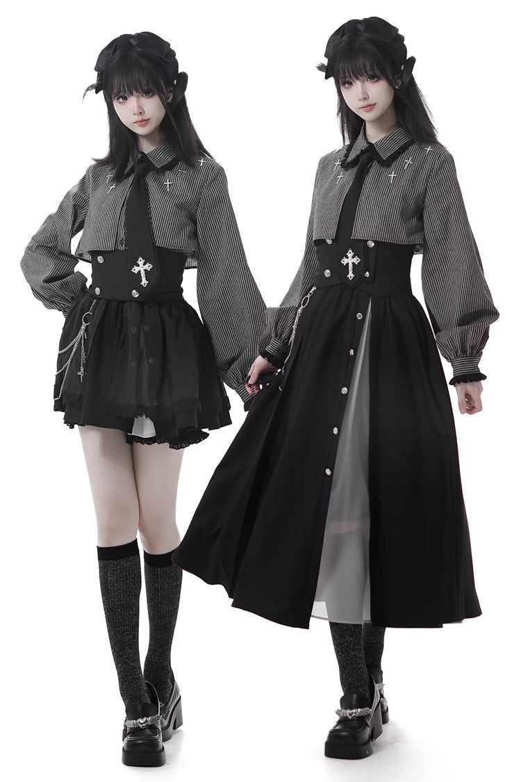 Black [Hymn of the Cross] Long Sleeves Printed Ruffled Asymmetric Chain-Decorated Gothic Jirai Kei Skirt Set - Black Short Skirt Set - 1